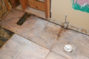 Water damage to the subfloor was clearly visible